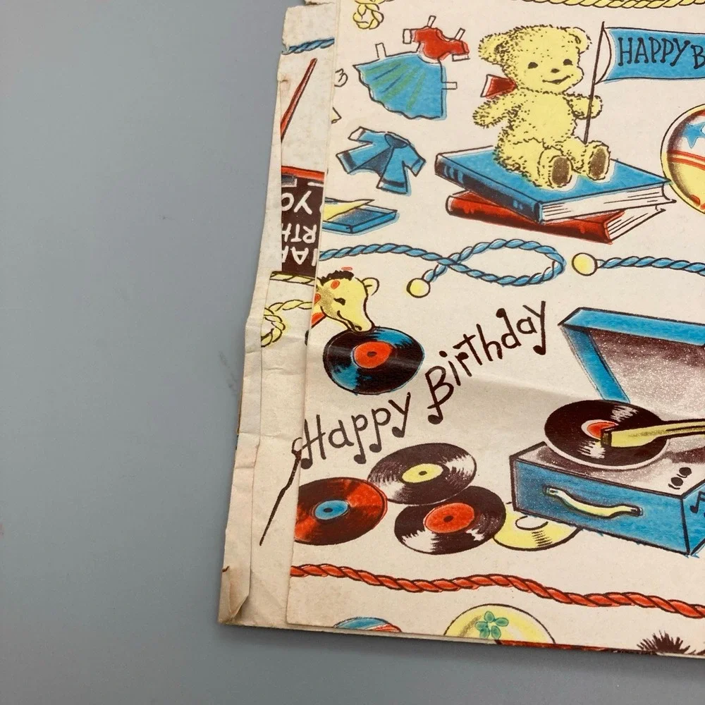 Vintage Child's Birthday Partial Sheet of Paper Gift Wrap Doll Soldier Balloons